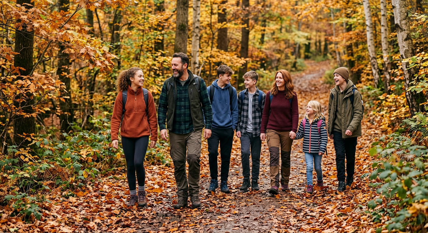 Patchworkfamilie beim gemeinsamen Wandern auf einem Waldweg, Herbstfarben