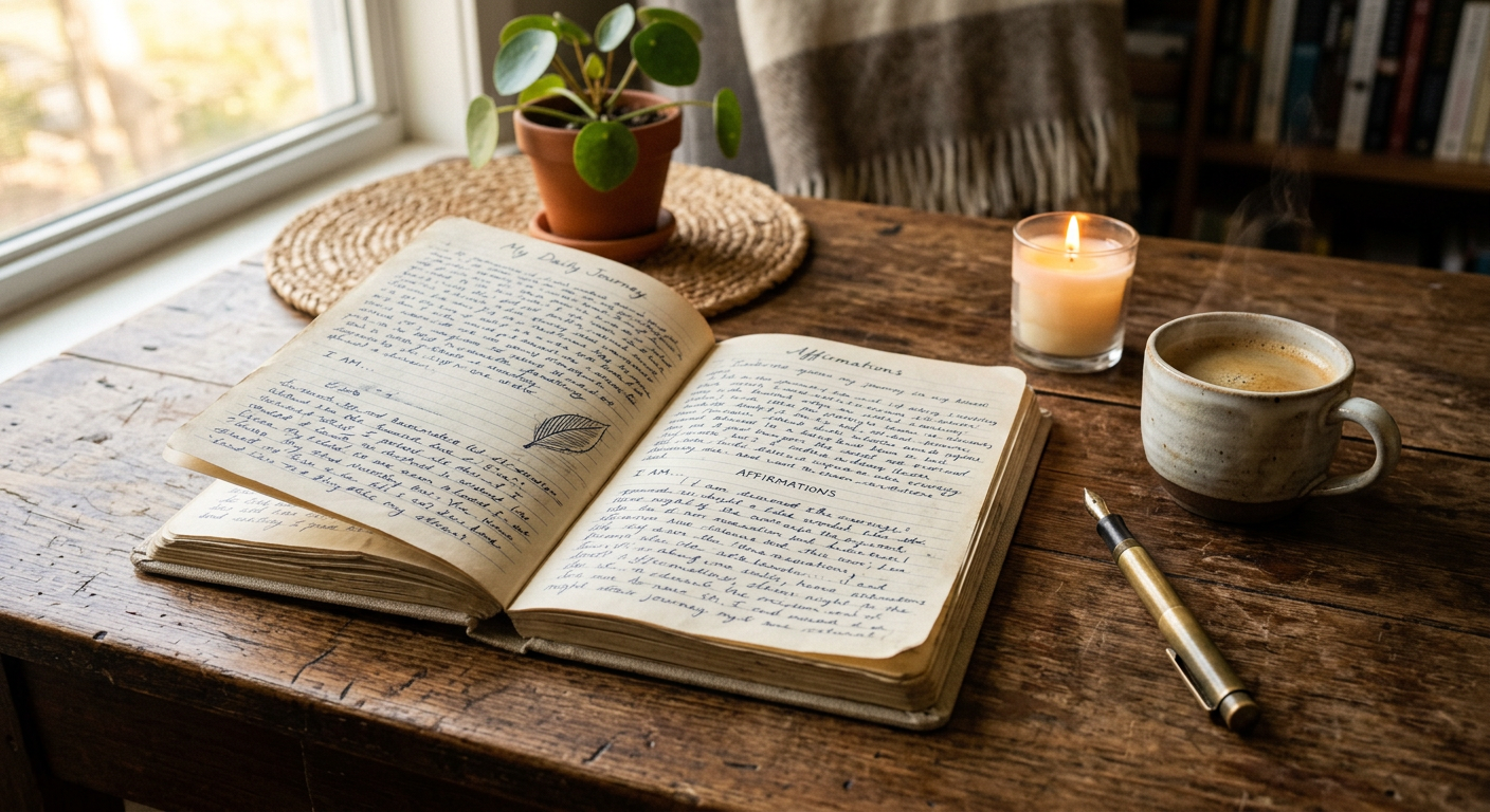 Offenes Journal mit handgeschriebenen Affirmationen auf einem Holztisch, Kerze und Kaffeetasse