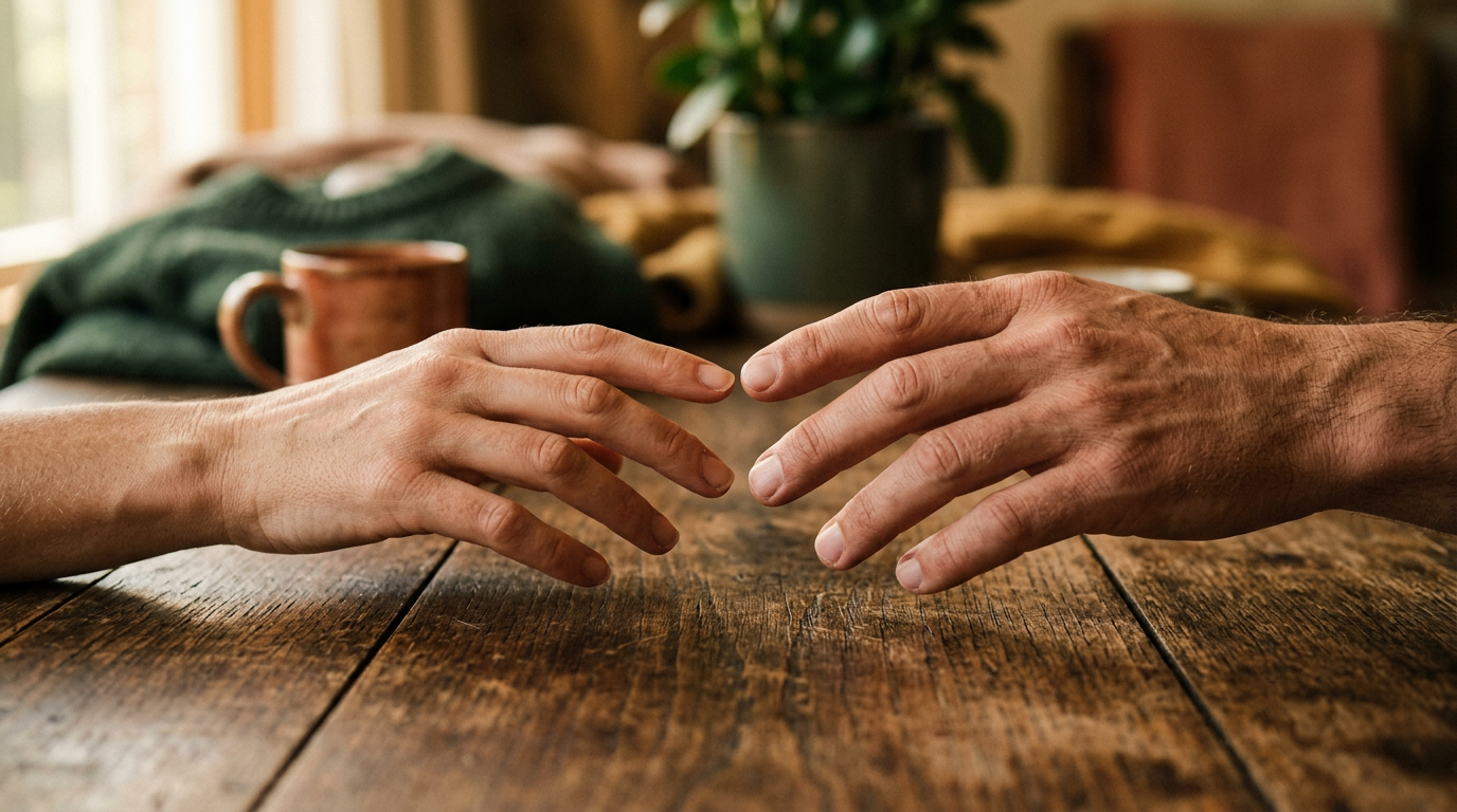 Patchworkfamilie sitzt gemeinsam am Esstisch und führt ein offenes Gespräch