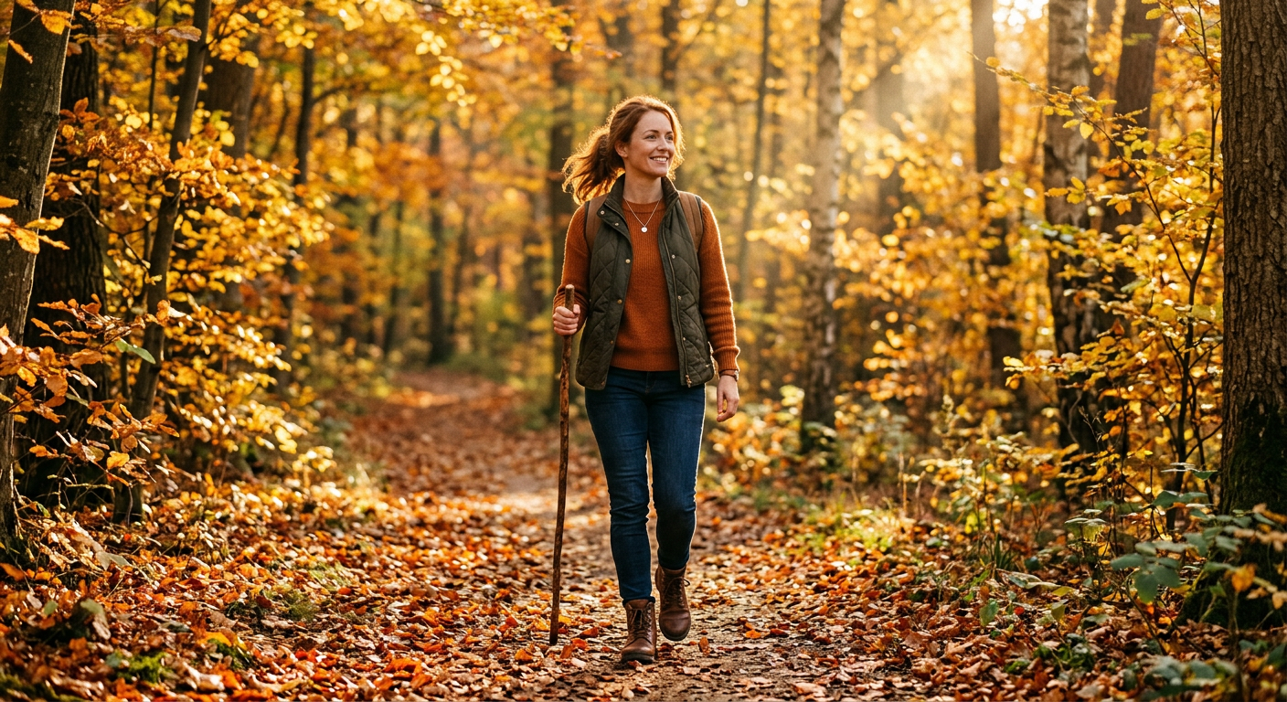 Frau geht selbstbewusst durch einen herbstlichen Waldweg, goldenes Licht