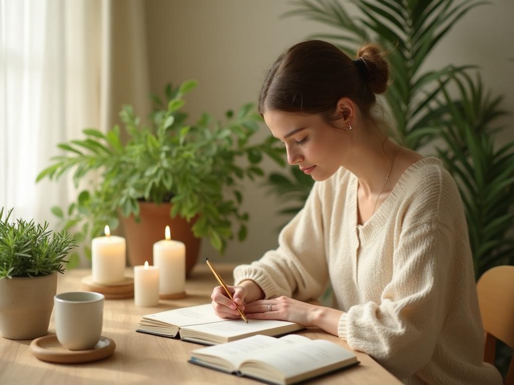 Frau schreibt nachdenklich in ein Journal und verarbeitet ihre Erfahrungen als Bonusmama