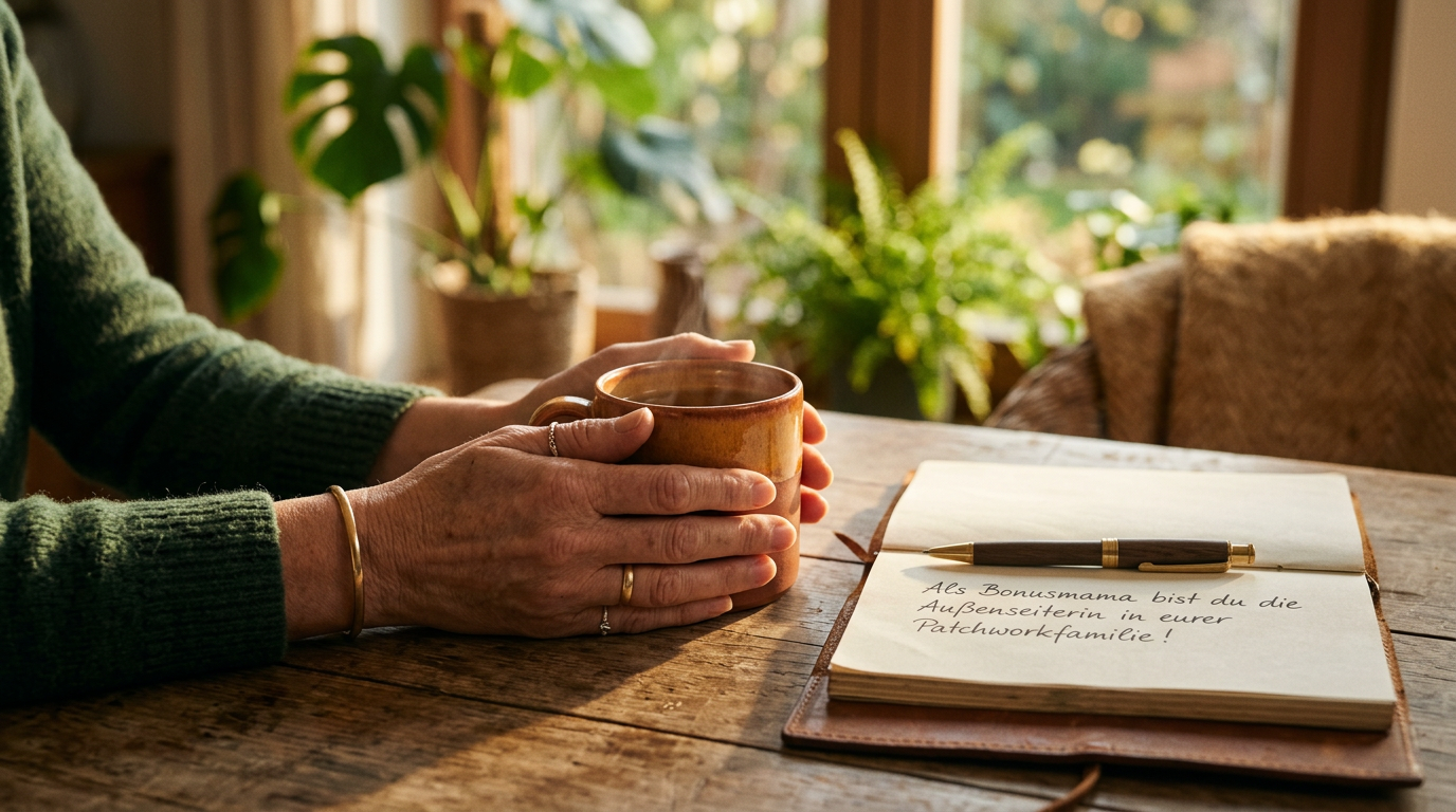 Frau steht nachdenklich am Fenster während im Hintergrund eine Familie zusammen spielt
