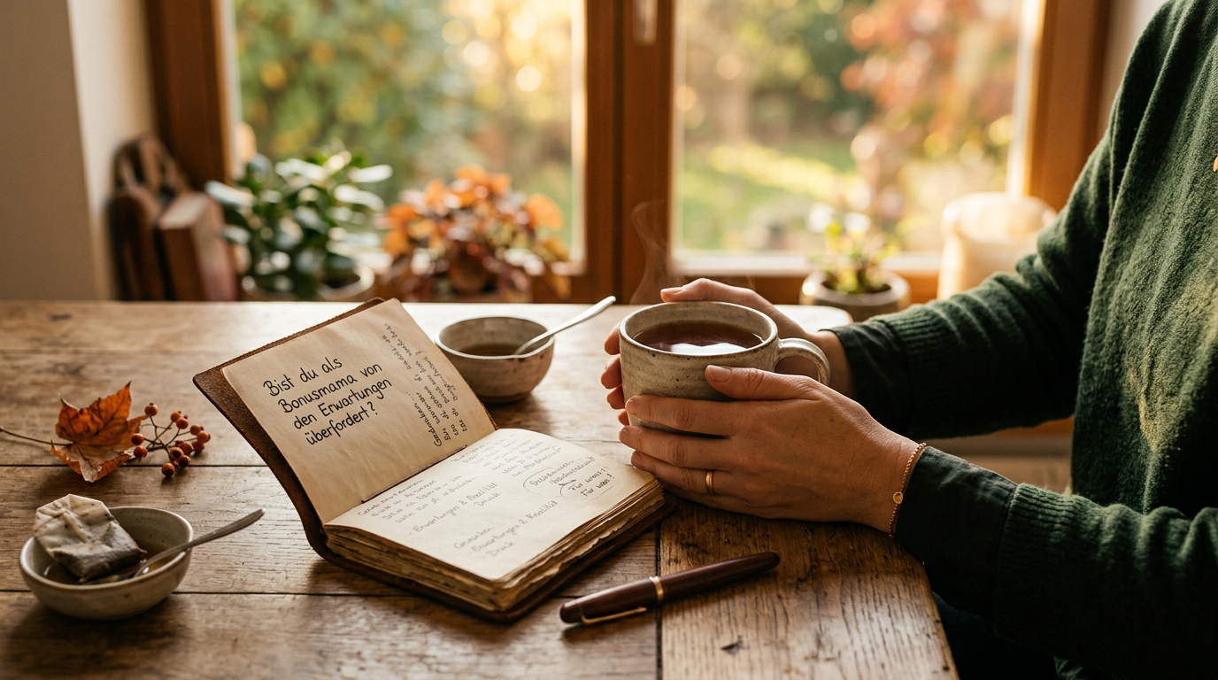 Bonusmama sitzt erschöpft auf dem Sofa und reflektiert über den Erwartungsdruck in ihrer Patchworkfamilie