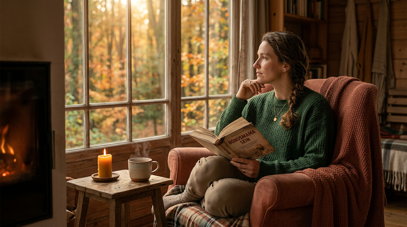 Frau schreibt in ein Notizbuch und arbeitet daran, sich von inneren Erwartungen als Stiefmutter zu befreien