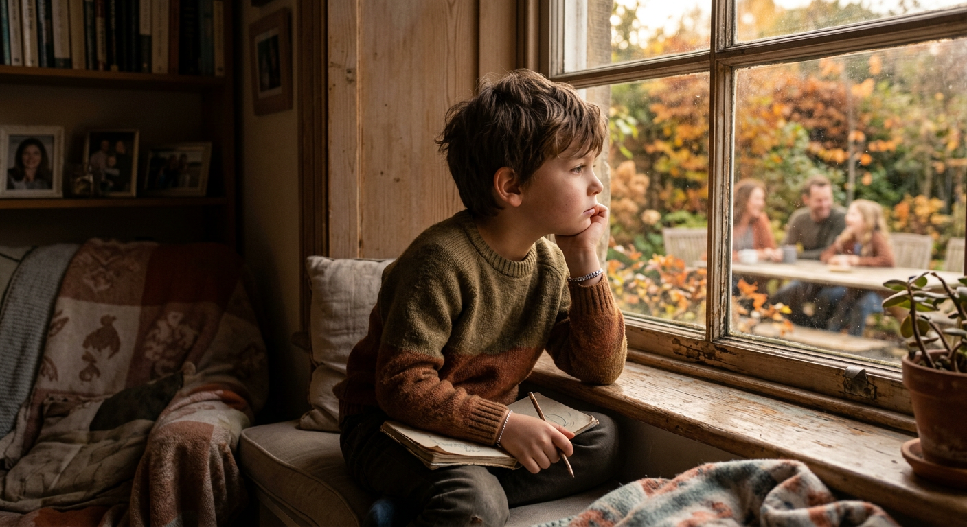Kind sitzt nachdenklich am Fenster und schaut nach draußen — Loyalitätskonflikte in der Patchworkfamilie