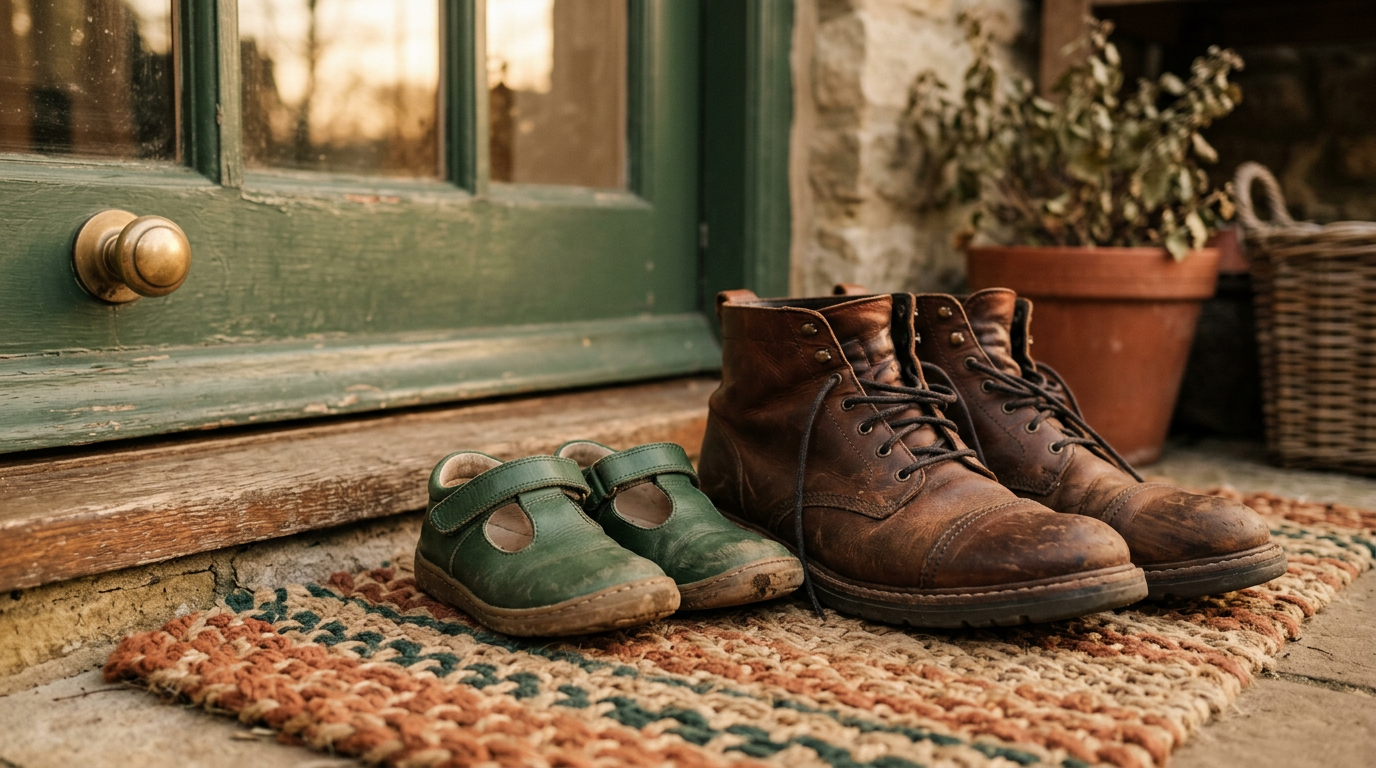 Zwei Hände halten ein kleines Holzhaus in warmem Licht — Sicherheit und Geborgenheit