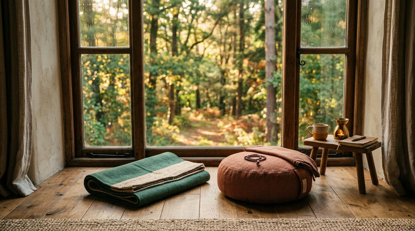 Frau geht einen schmalen Waldweg entlang, warmes Licht fällt durch die Baumkronen