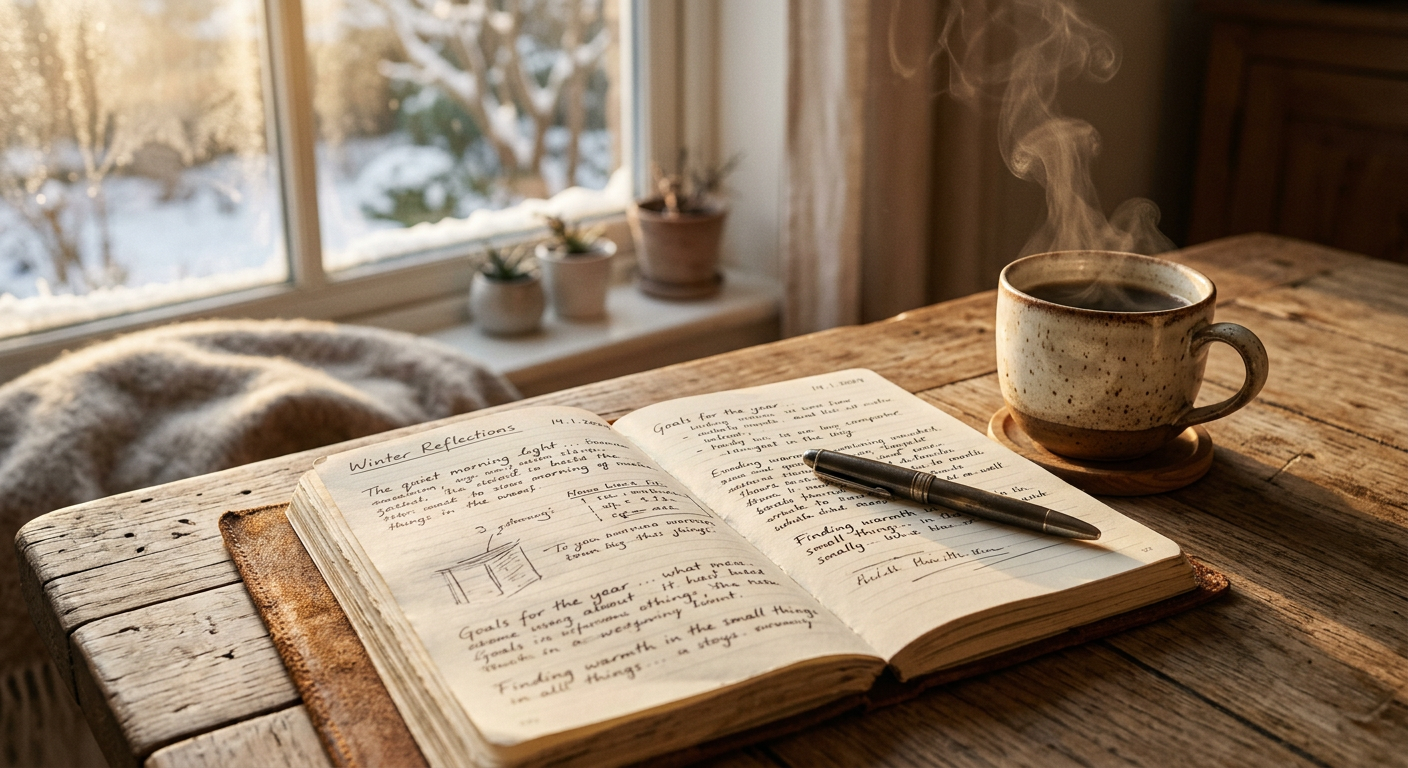 Offenes Notizbuch mit Stift und dampfende Kaffeetasse auf Holztisch im Morgenlicht — Reflexion und Journaling