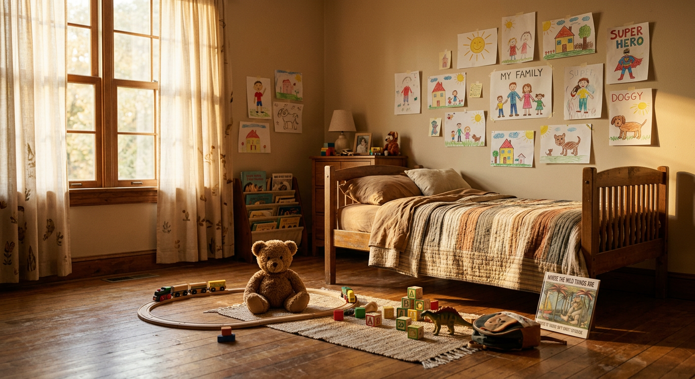 Leeres Kinderzimmer mit Spielzeug und Zeichnungen an der Wand, goldenes Licht durch Vorhänge