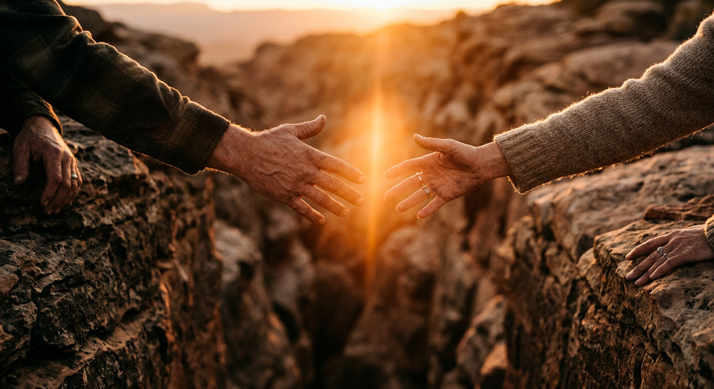 Zwei Hände reichen sich über eine Lücke hinweg, warmes Licht dazwischen, Verbindung und Hoffnung