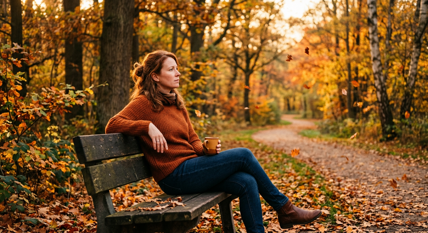 Frau sitzt allein auf einer Parkbank im Herbst und schaut nachdenklich in die Ferne