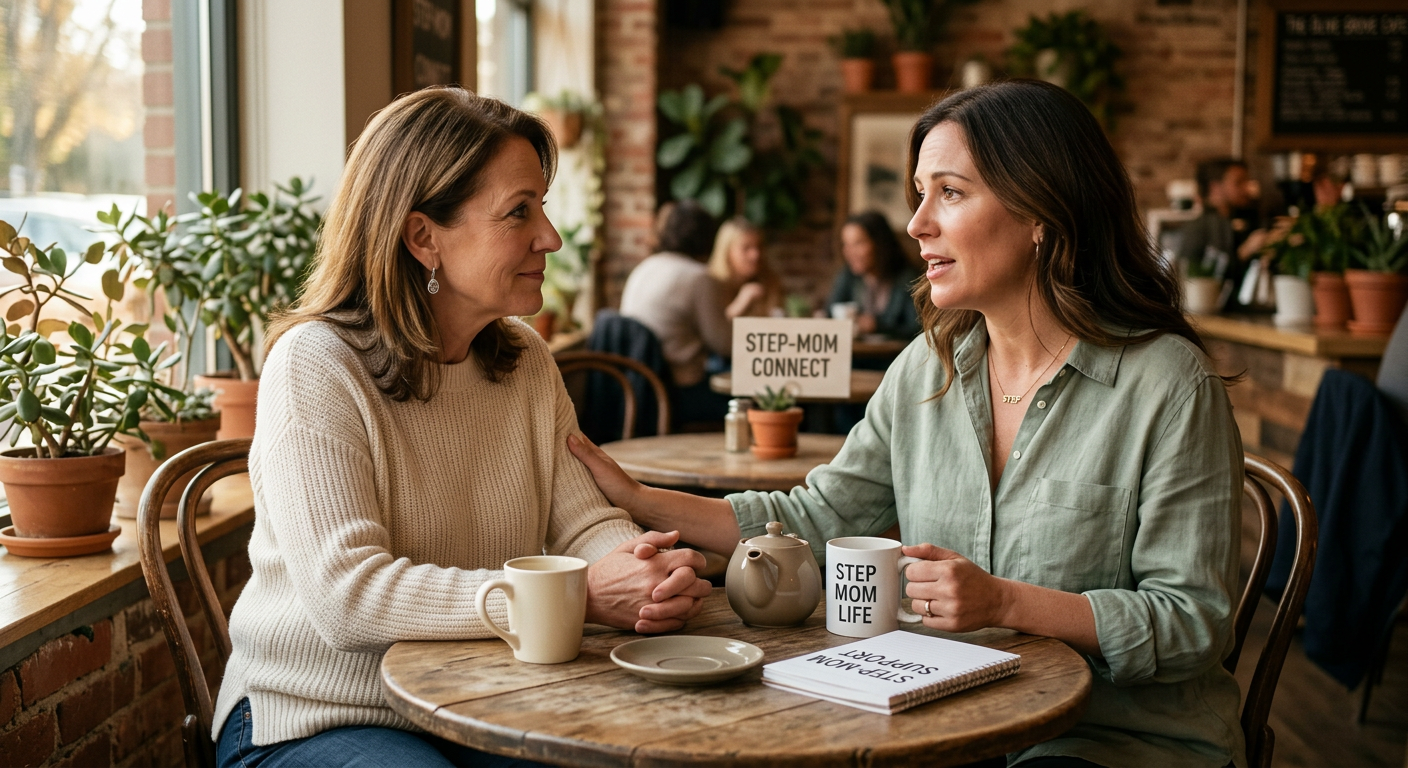 Zwei Frauen sitzen bei einer Tasse Kaffee und sprechen offen miteinander — Austausch unter Bonusmamas