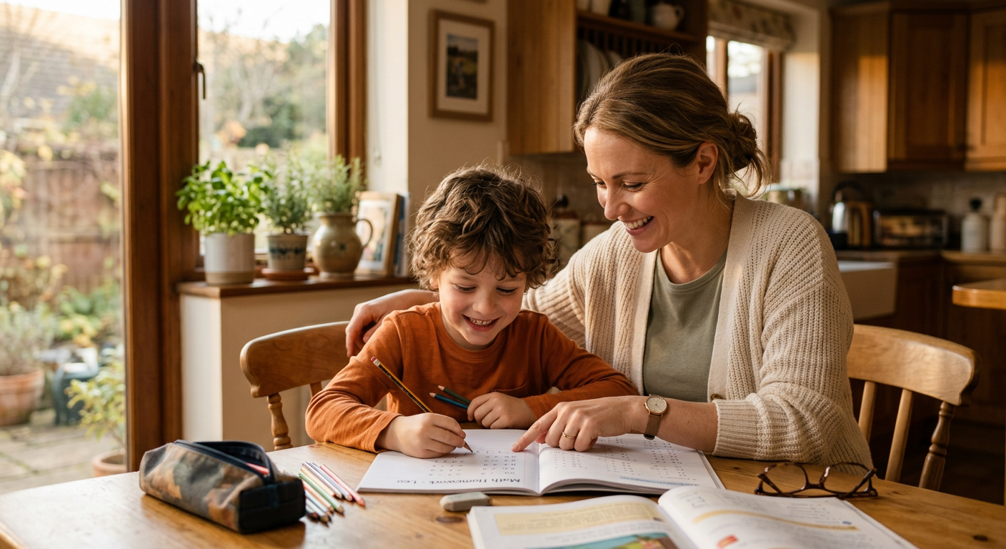 Frau hilft Kind bei den Hausaufgaben am Küchentisch, beide lächeln, warmes Nachmittagslicht