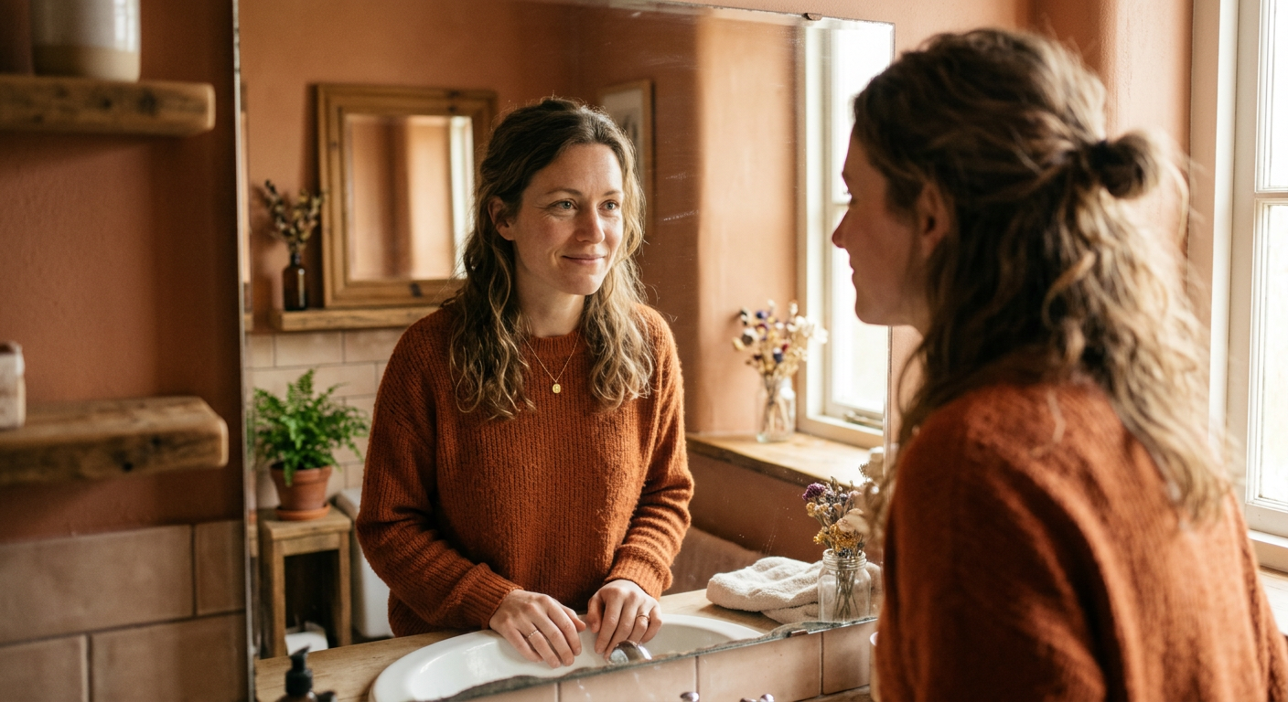 Frau betrachtet sich mit Mitgefühl im Badezimmerspiegel, warmes Licht