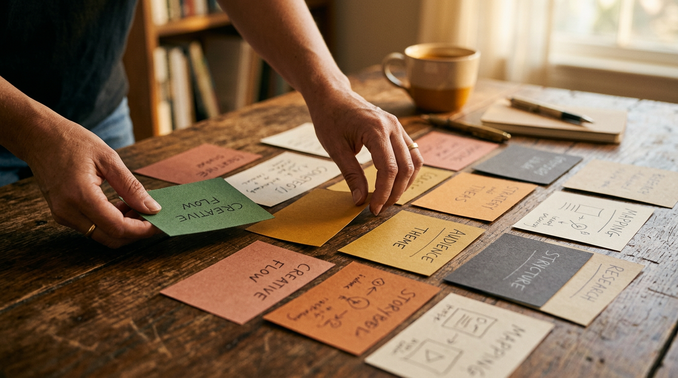 Frau sitzt nachdenklich am Fenster mit warmem Seitenlicht, erdige Töne, fotografisch
