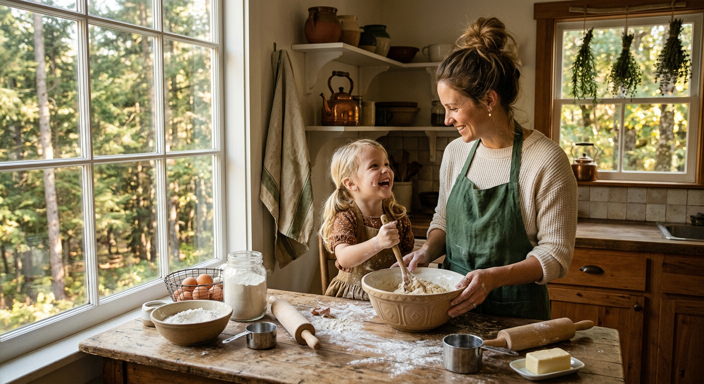 Patchworkfamilie beim gemeinsamen Kochen in der Küche, natürliches Licht