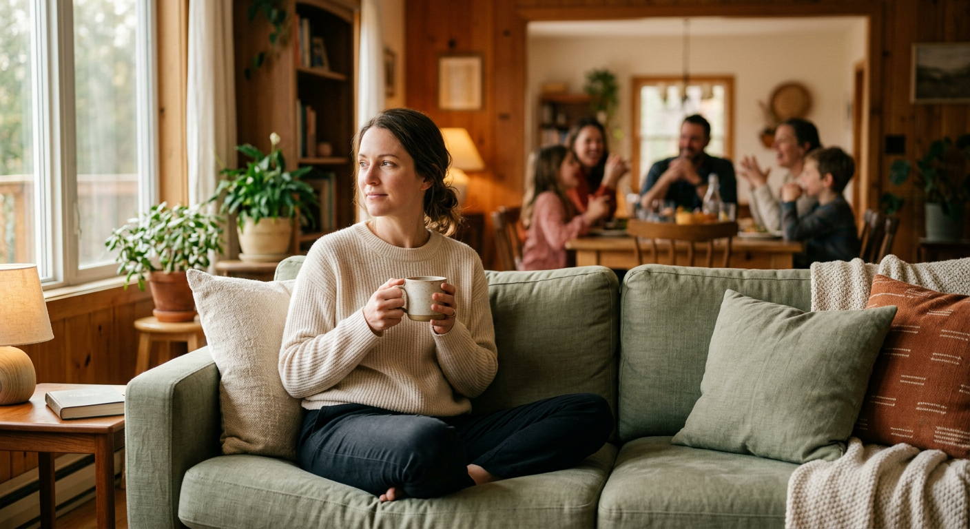 Frau sitzt ruhig auf dem Sofa mit einer Tasse Tee, während im Hintergrund verschwommen eine Gesprächssituation stattfindet