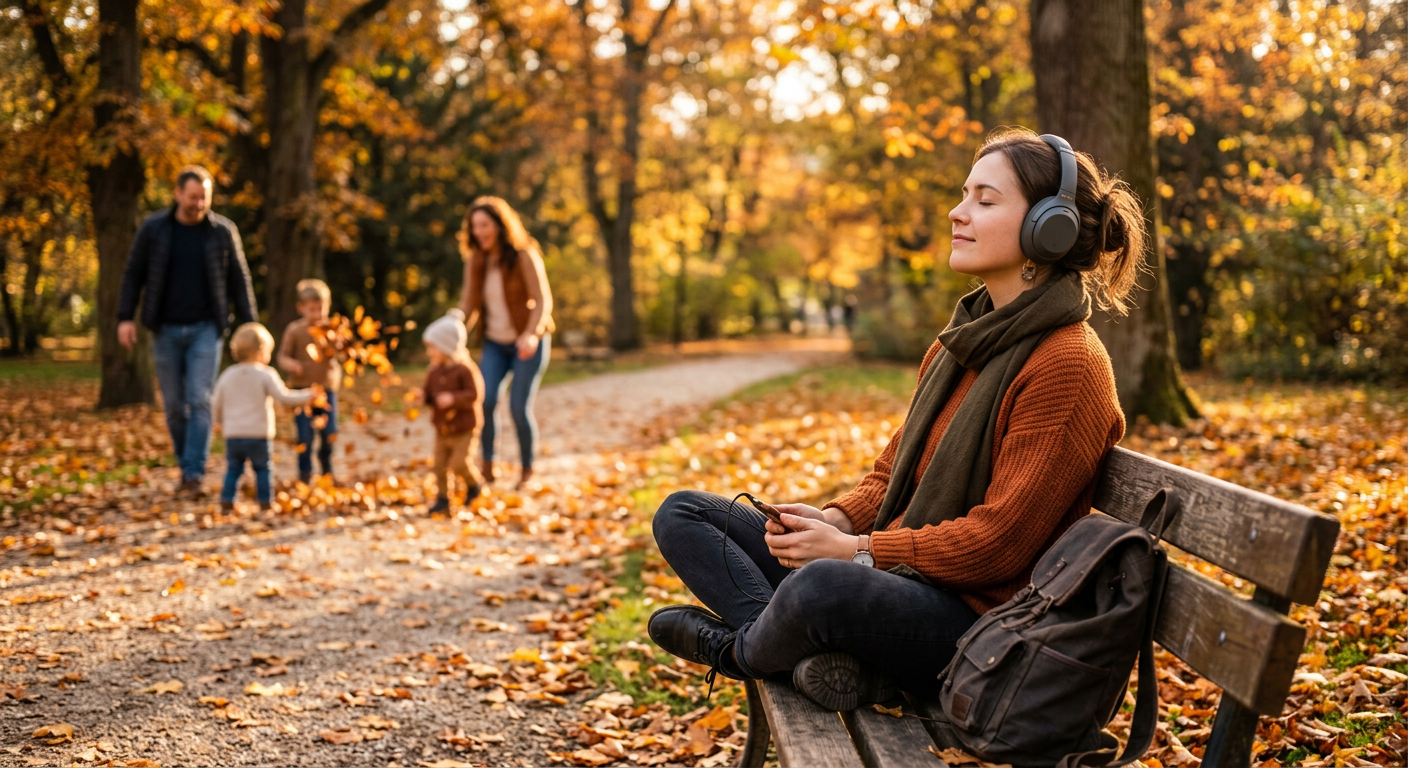 Frau sitzt auf einer Parkbank mit Kopfhörern und geschlossenen Augen, Auszeit von Familiendruck