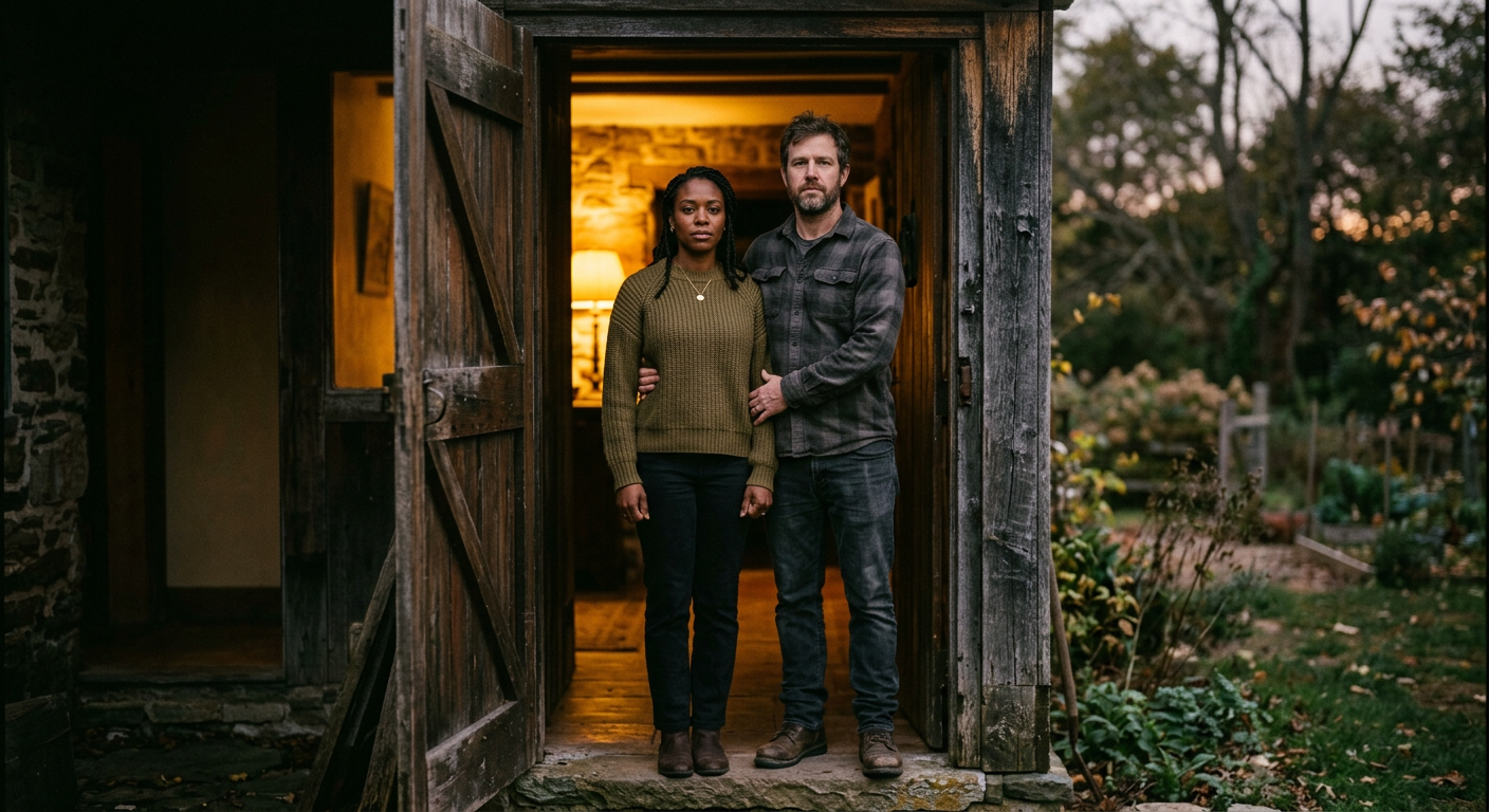Paar steht vereint in einer Tür, warmes goldenes Licht, gemeinsame Front