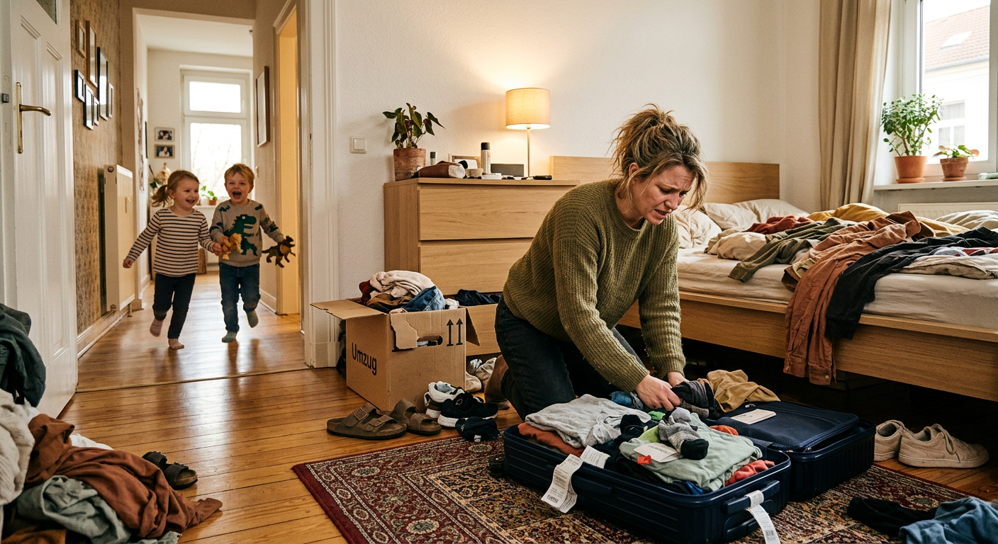 Frau packt gestresst einen Koffer, während Kinder durchs Zimmer rennen