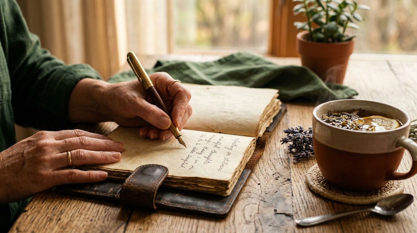 Frau schreibt in ein Notizbuch und arbeitet an ihren Überzeugungen