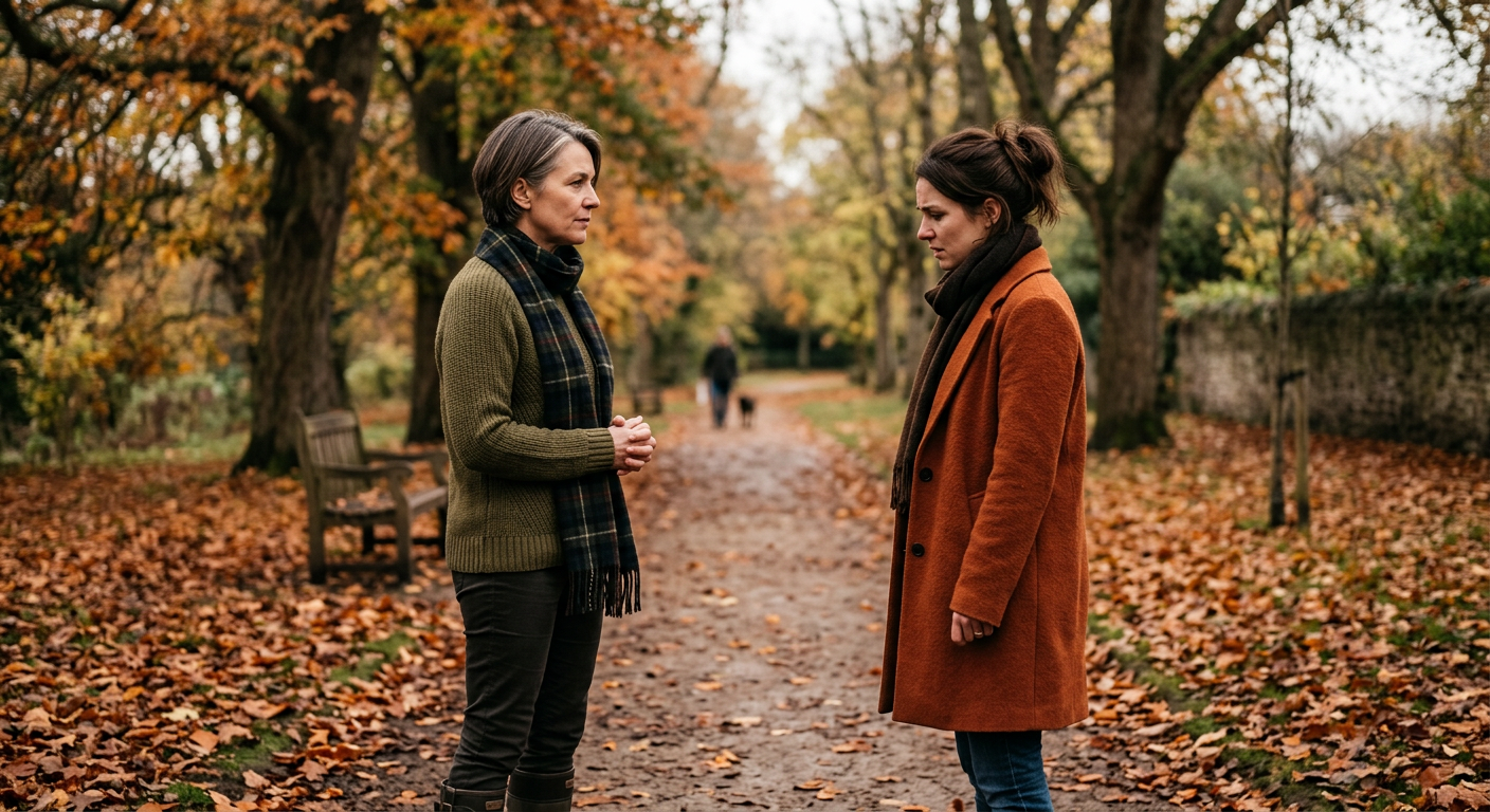 Zwei Frauen in einem schwierigen Gespräch draußen in herbstlicher Atmosphäre