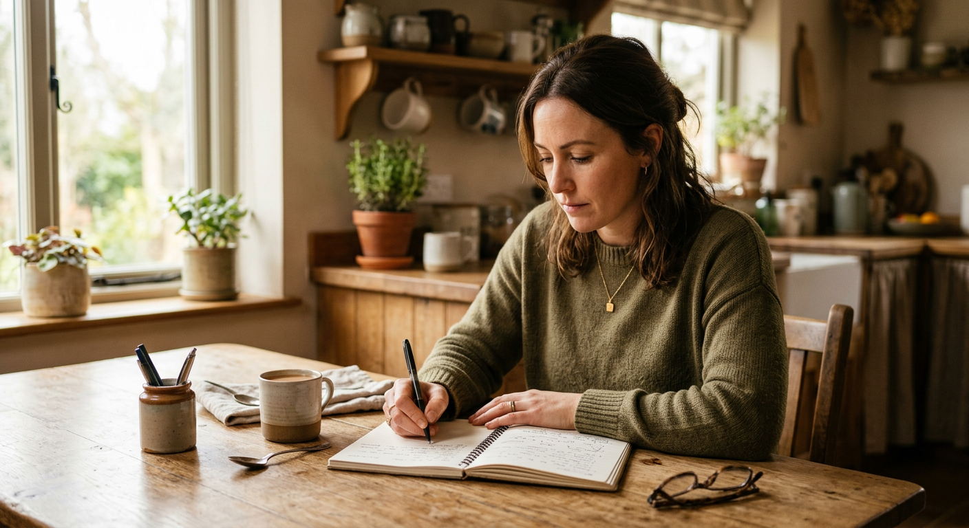 Frau schreibt nachdenklich in ein Notizbuch am Küchentisch mit warmem Licht