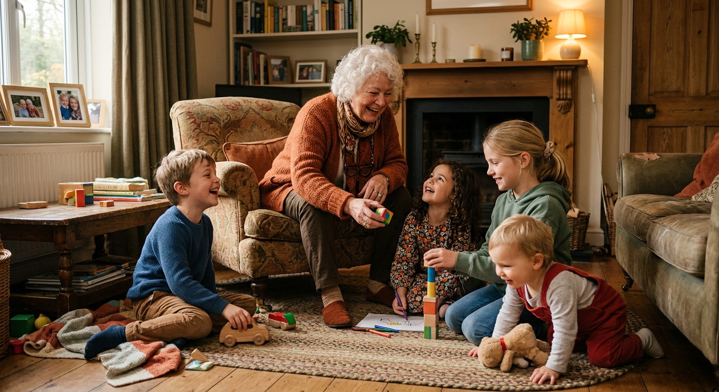 Grossmutter spielt liebevoll mit Enkeln verschiedenen Alters im Wohnzimmer