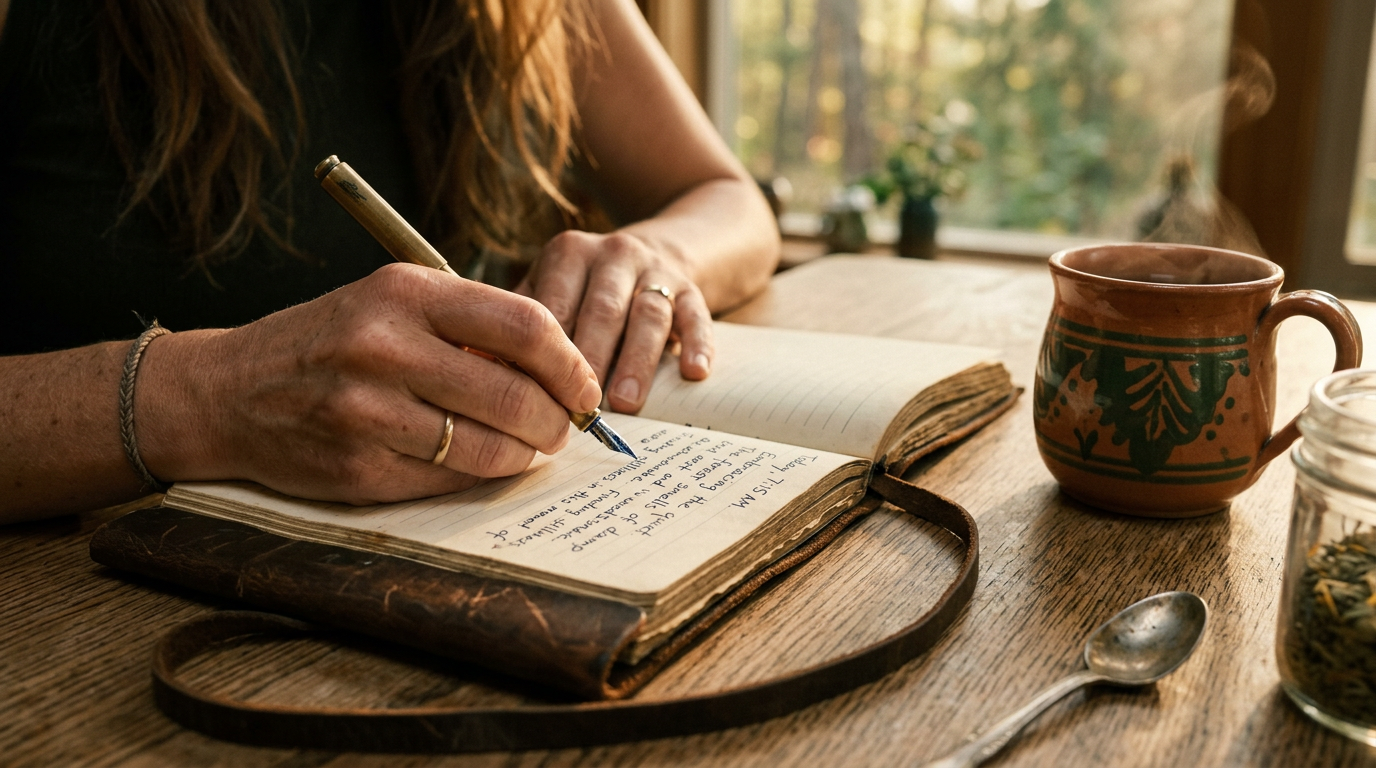Sonnenlicht fällt durch Bäume auf einen ruhigen Waldweg als Symbol für inneren Frieden