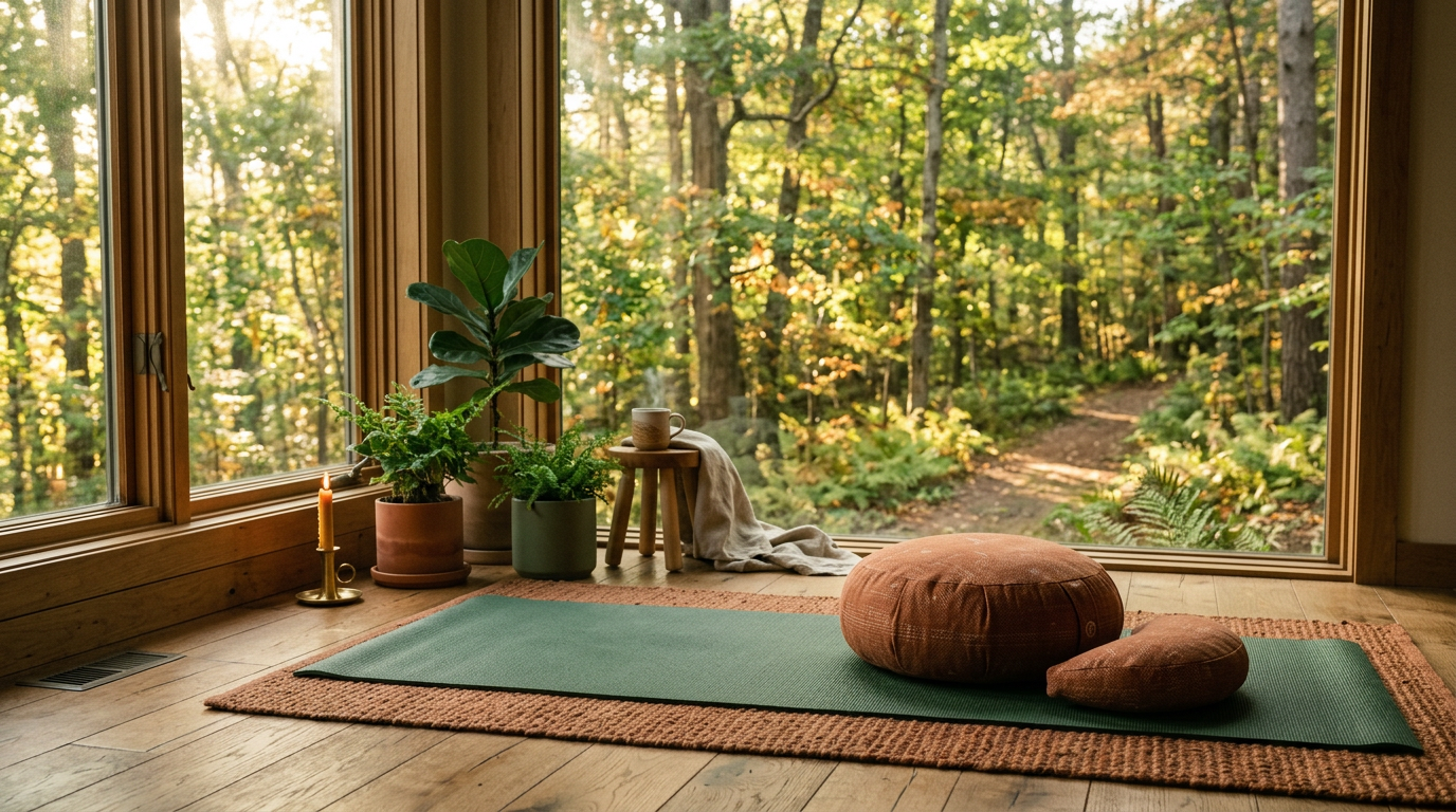 Sonnenlicht fällt durch Bäume auf einen ruhigen Waldweg als Symbol für inneren Frieden