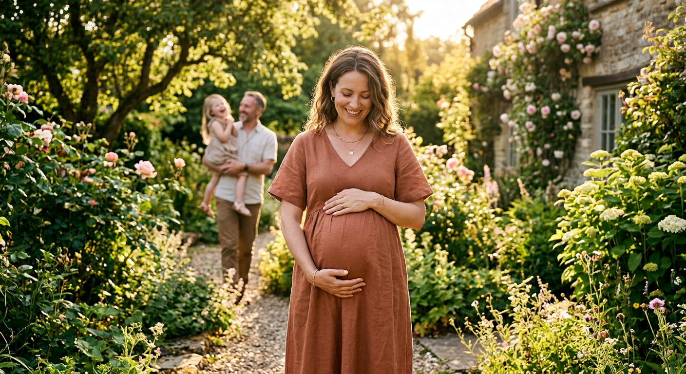 Schwangere Frau steht im Sonnenlicht und hält liebevoll ihren Bauch