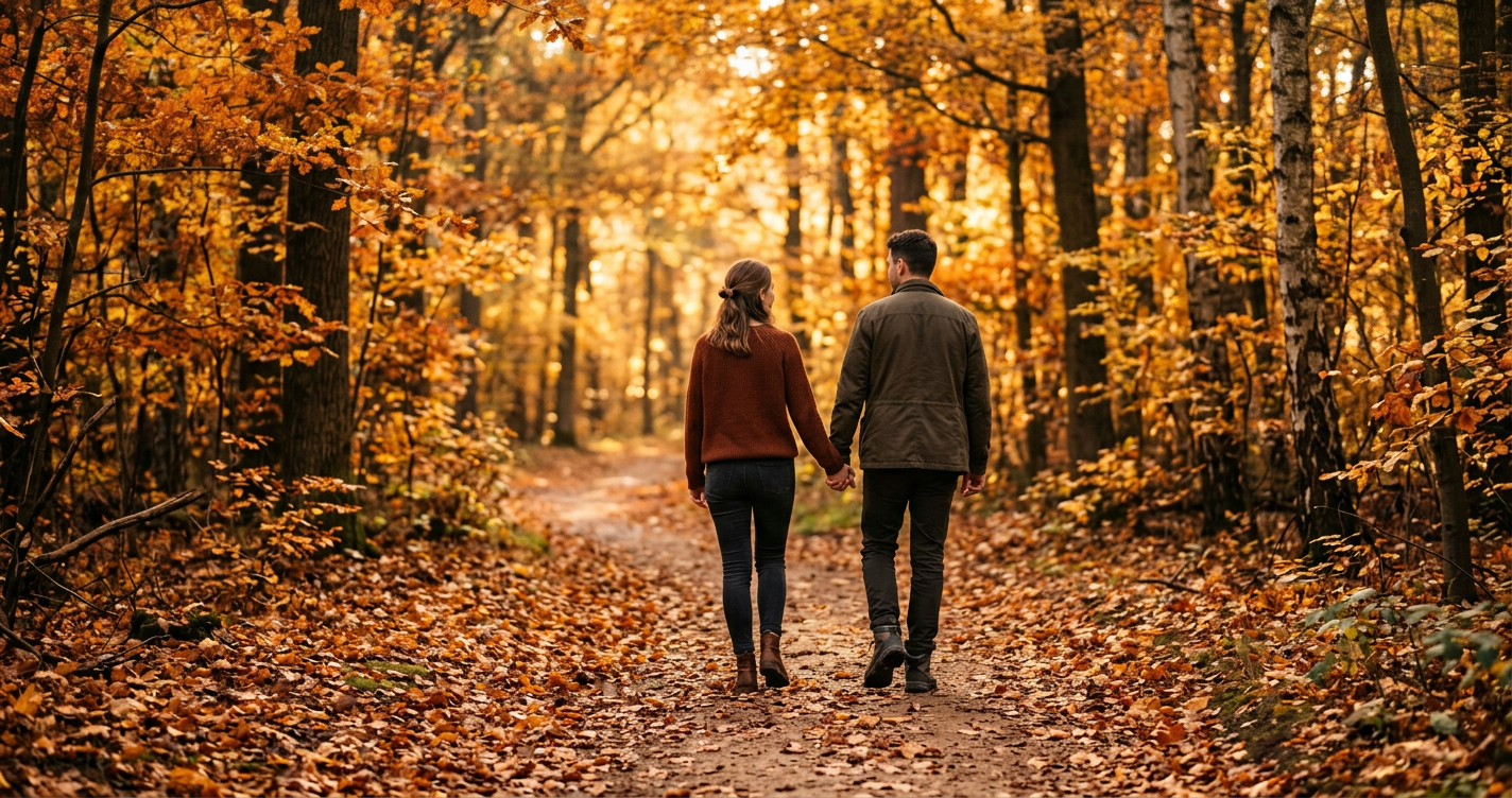 Ein Paar geht Hand in Hand auf einem Waldweg im Herbst, warmes goldenes Sonnenlicht