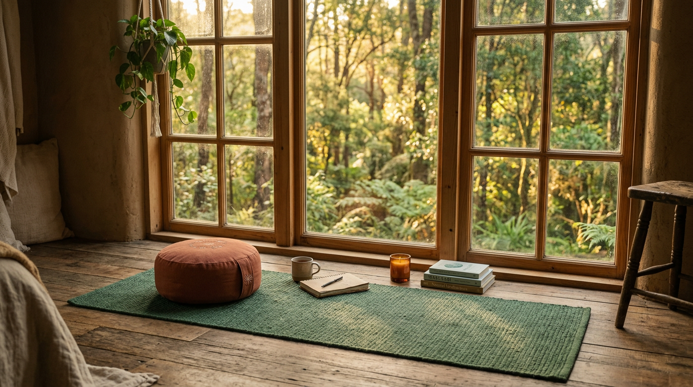 Frau sitzt entspannt in der Natur und übt Achtsamkeit