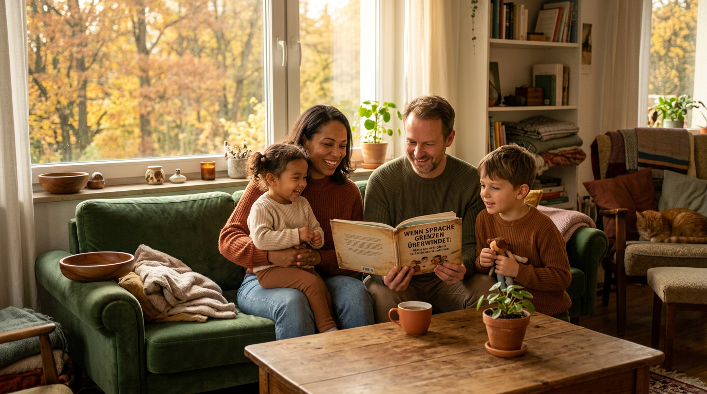 Familie beim gemeinsamen Kochen mit Rezeptkarten in verschiedenen Sprachen