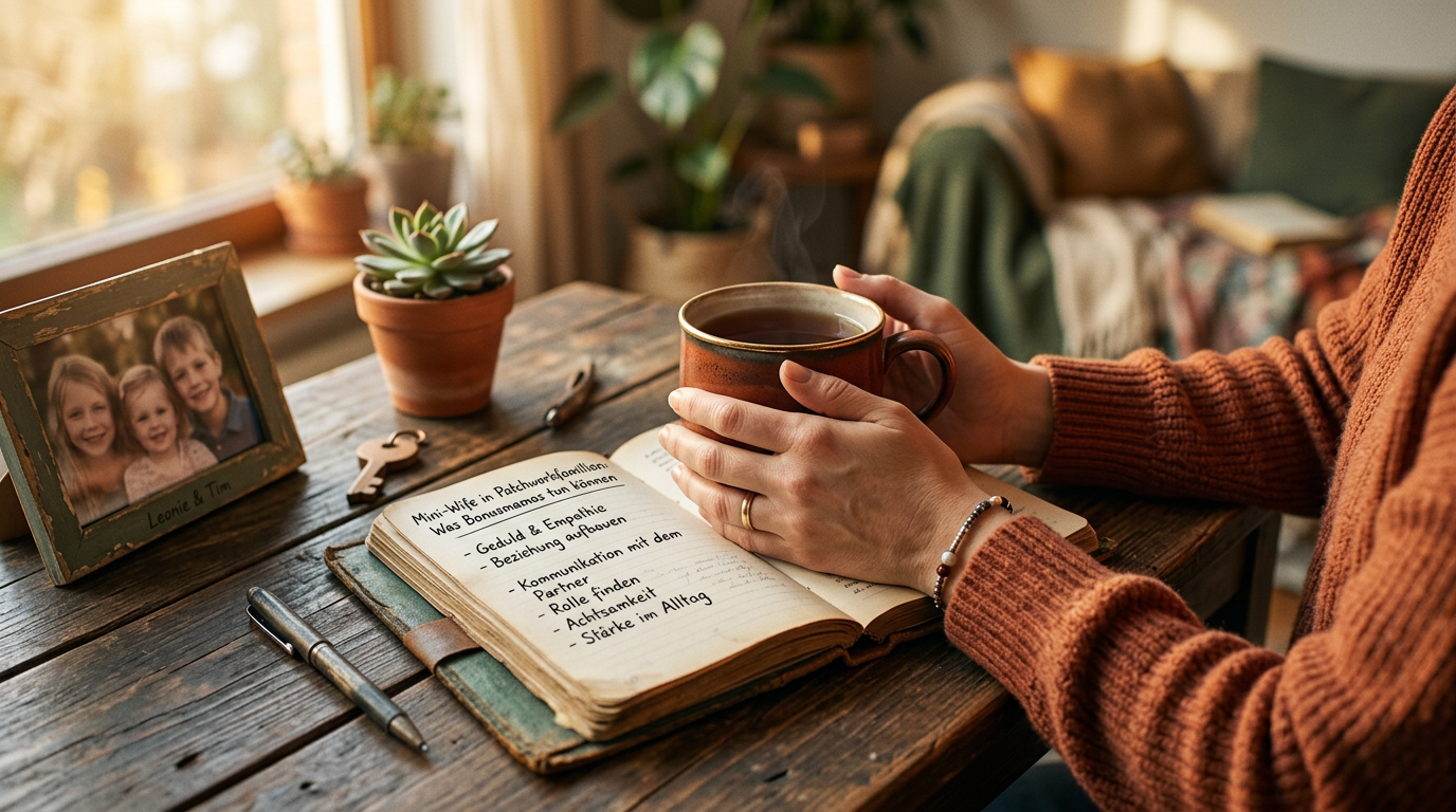 Nachdenkliche Bonusmama sitzt allein auf dem Sofa im warmen Licht