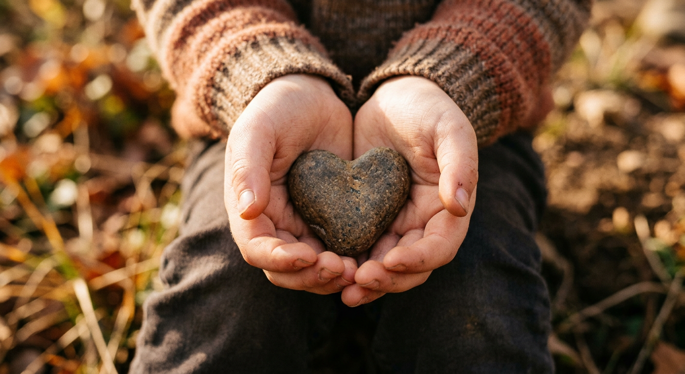 Kinderhände halten einen herzförmigen Stein