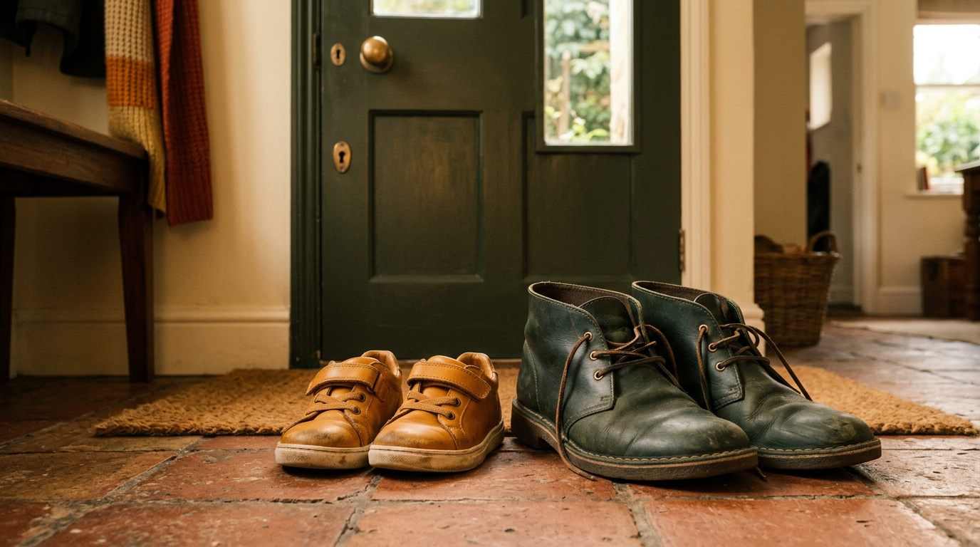 Bonusmama steht lächelnd vor einer Schule und wartet auf ihr Bonuskind