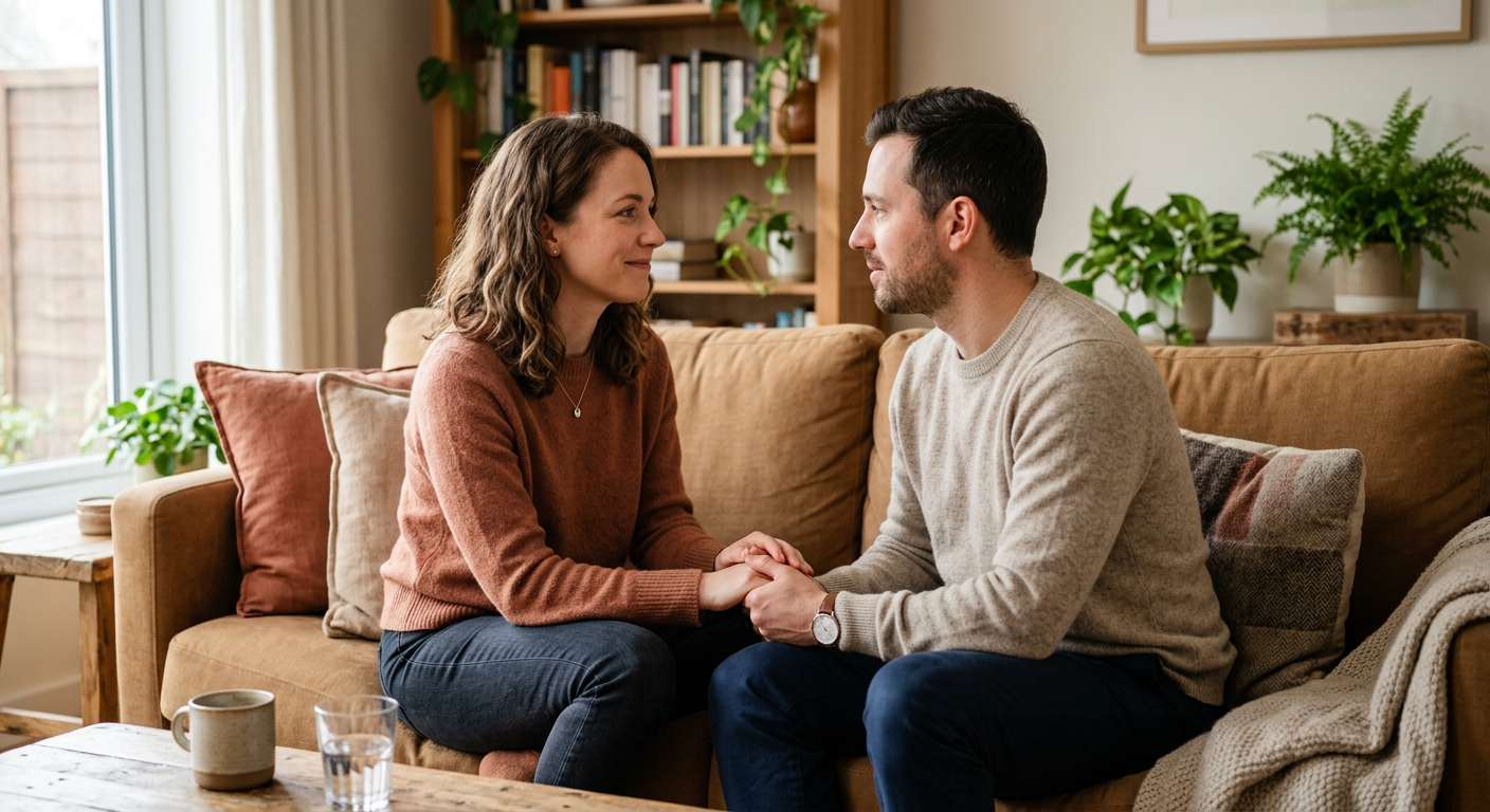 Paar sitzt einander zugewandt auf dem Sofa und führt ein ehrliches Gespräch