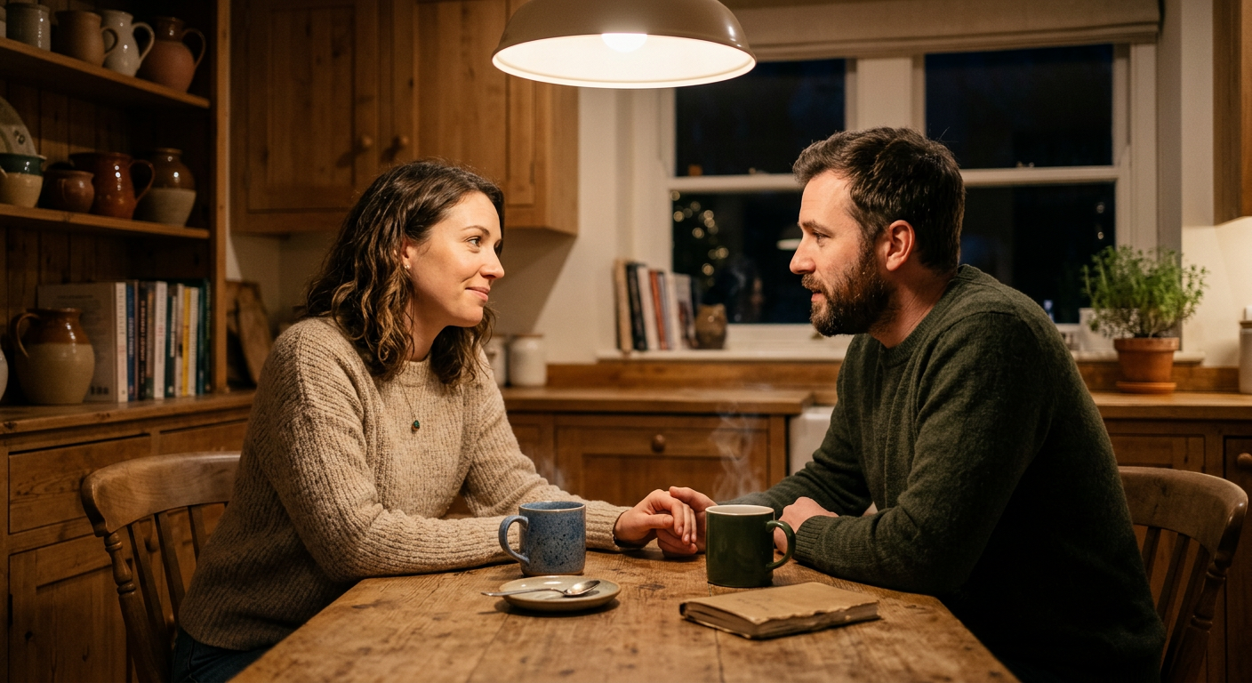Paar führt ein tiefes Gespräch am Küchentisch über Kaffee, warmes Licht