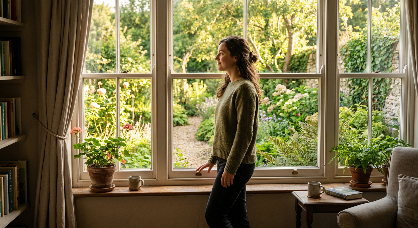 Frau steht am Fenster und schaut hoffnungsvoll nach draußen in den Garten