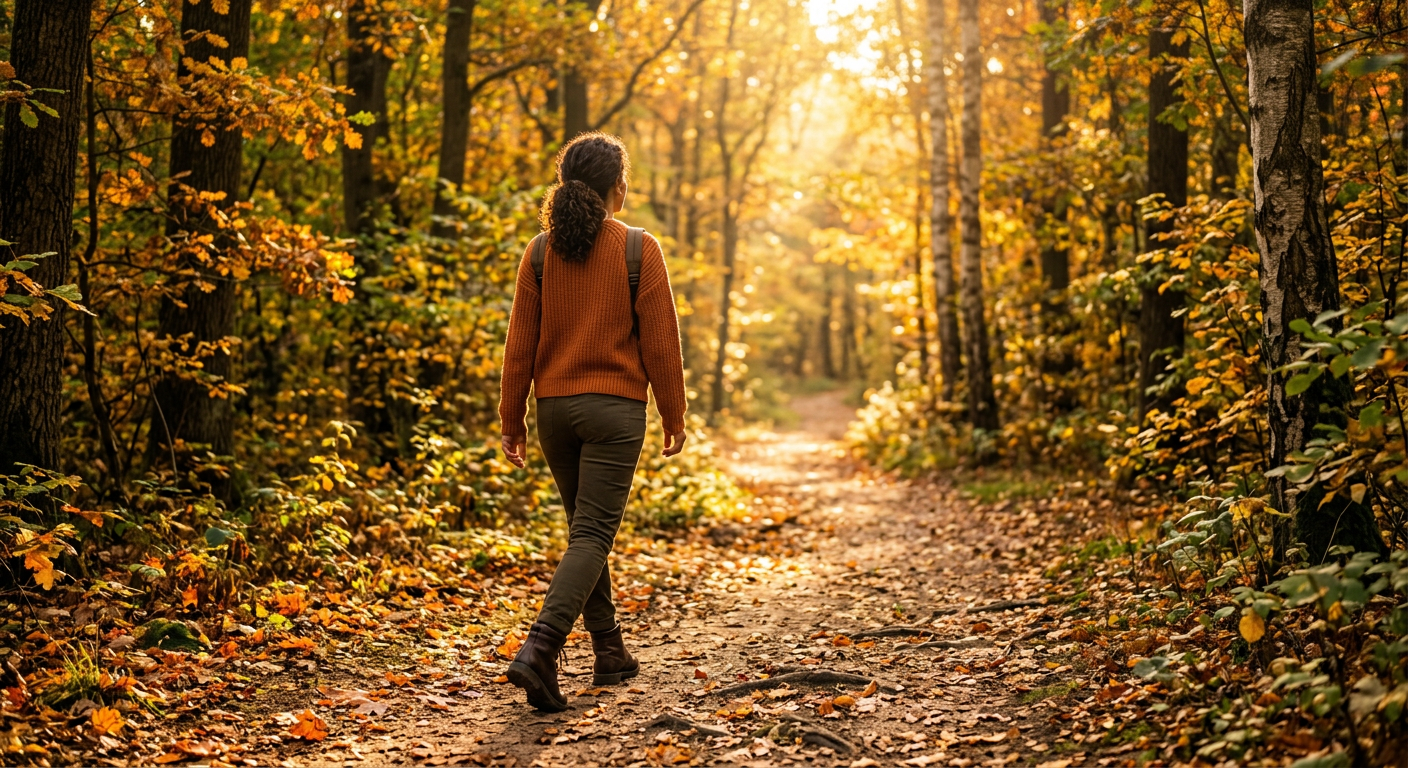 Frau steht selbstbewusst im Sonnenlicht an einem Waldweg