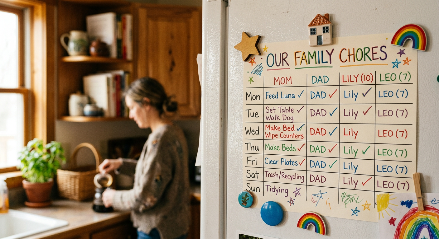 Familienküche mit Aufgabenplan an der Wand, warmes Licht, Alltagsszene