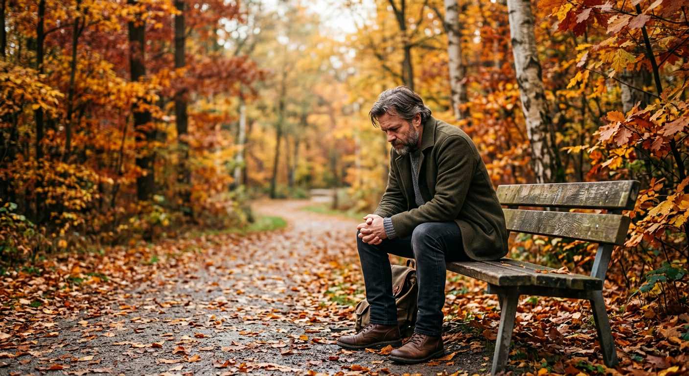 Mann sitzt nachdenklich allein auf einer Parkbank in herbstlicher Atmosphäre