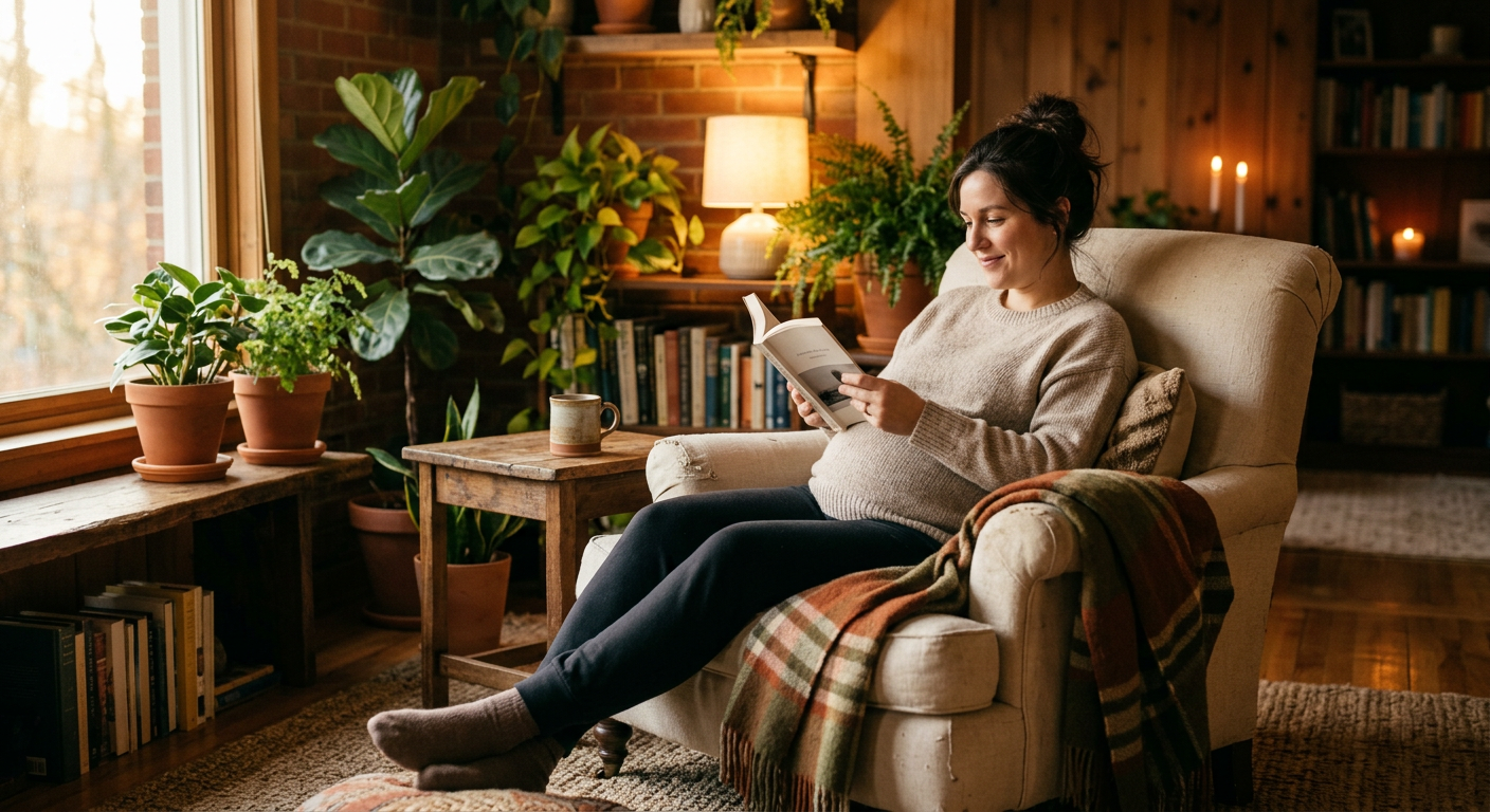 Schwangere Frau sitzt in einem Sessel und liest, warmes Zimmer mit Pflanzen und Decken