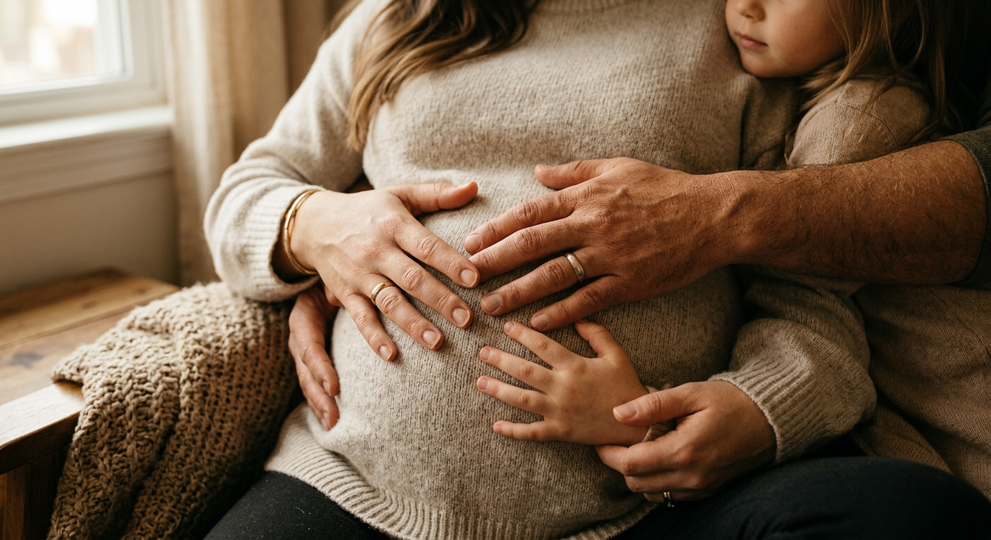 Familienhände zusammen auf einem schwangeren Bauch, warmes weiches Licht