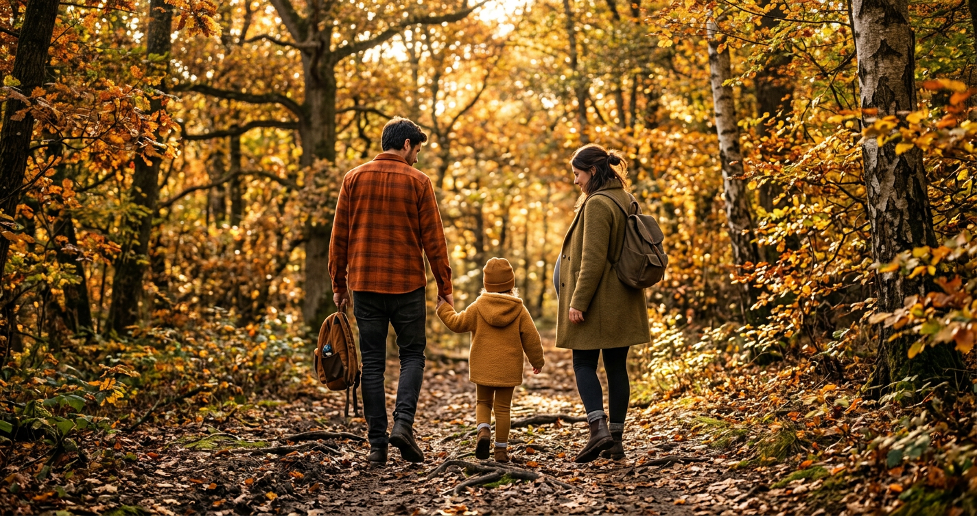 Familie geht gemeinsam durch einen Waldweg, Mann hält ein Kind an der Hand, schwangere Frau geht daneben
