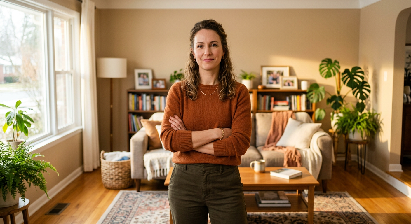 Frau steht mit verschränkten Armen selbstbewusst in ihrem Wohnzimmer