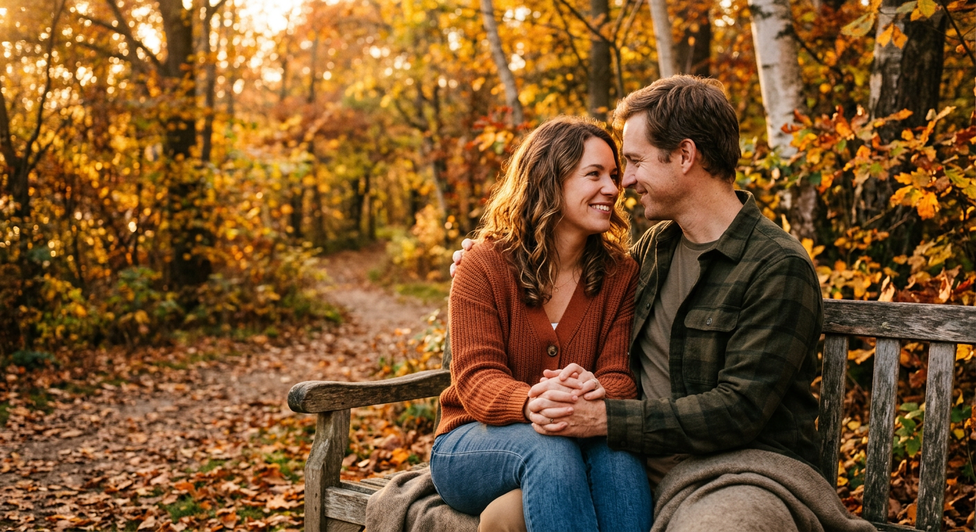 Paar hält Hände im warmen Abendlicht auf einer Holzbank