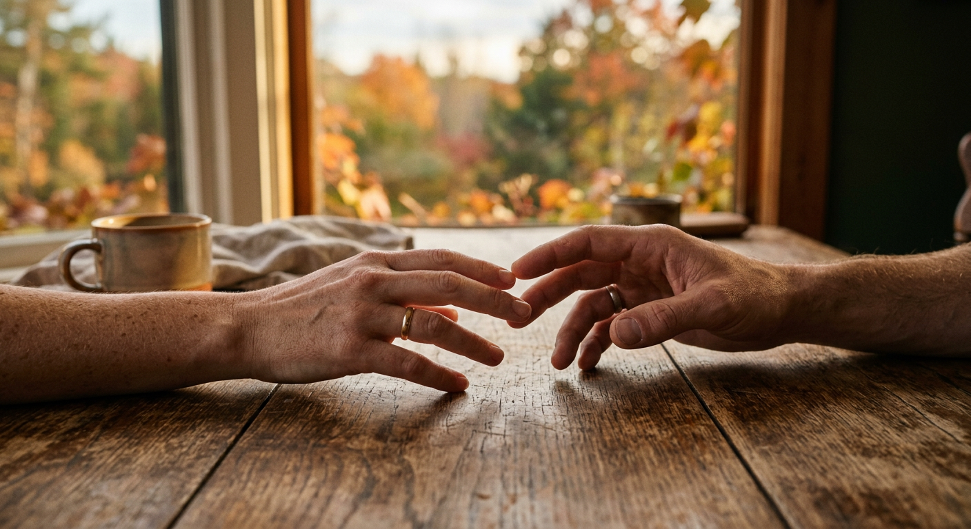 Zwei Hände, die sich auf einem Holztisch berühren - warm, verbunden