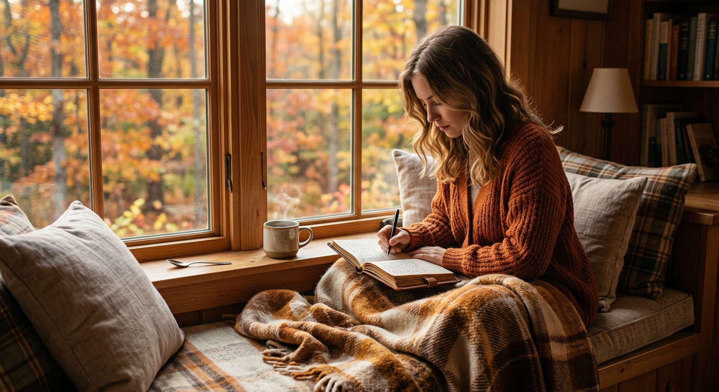 Frau schreibt Tagebuch am Fenster - Herbstlicht, Kaffeetasse, nachdenklich
